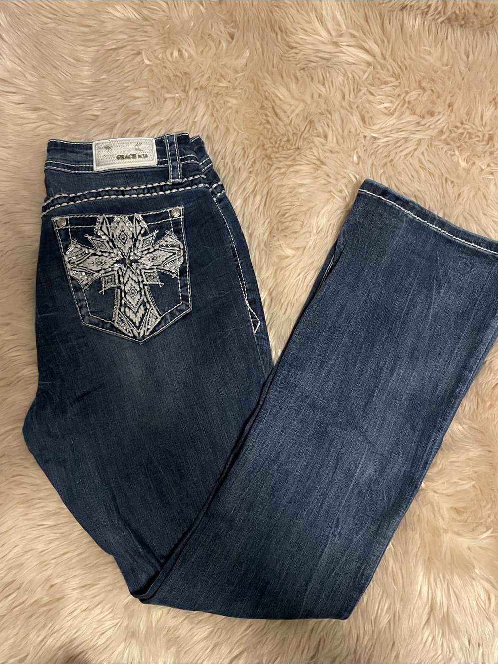 Grace in LA Dark Indigo Boot Cut Jeans with Embroidered Back Pocket